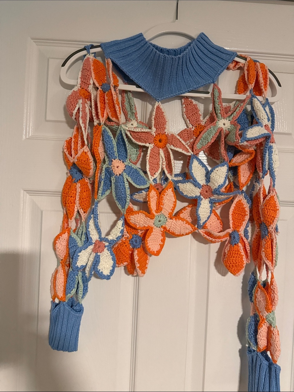 Handmade Crochet Floral Crop Top in Bright Orange & Sky Blue